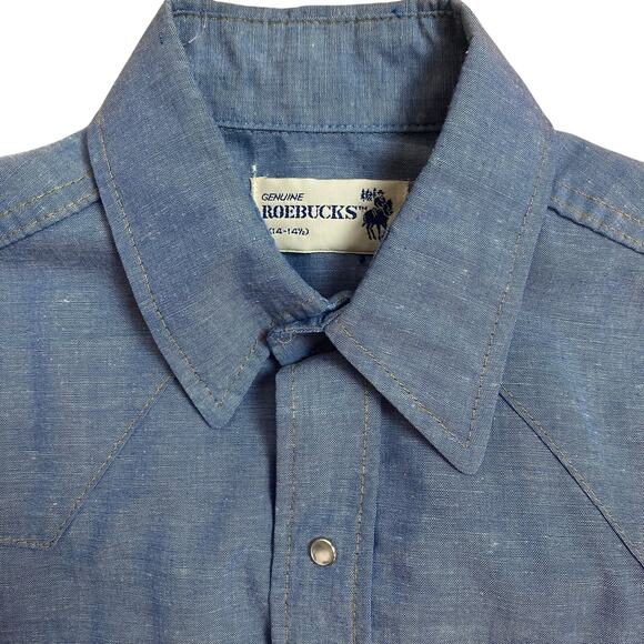 Vintage 70s 80s Roebucks Chambray Pearl Snap Western Button Down Shirt Small - Picture 4 of 6